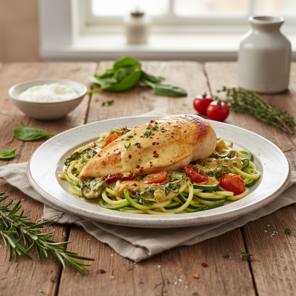 Creamy Tuscan Quark Chicken with Zucchini Noodles