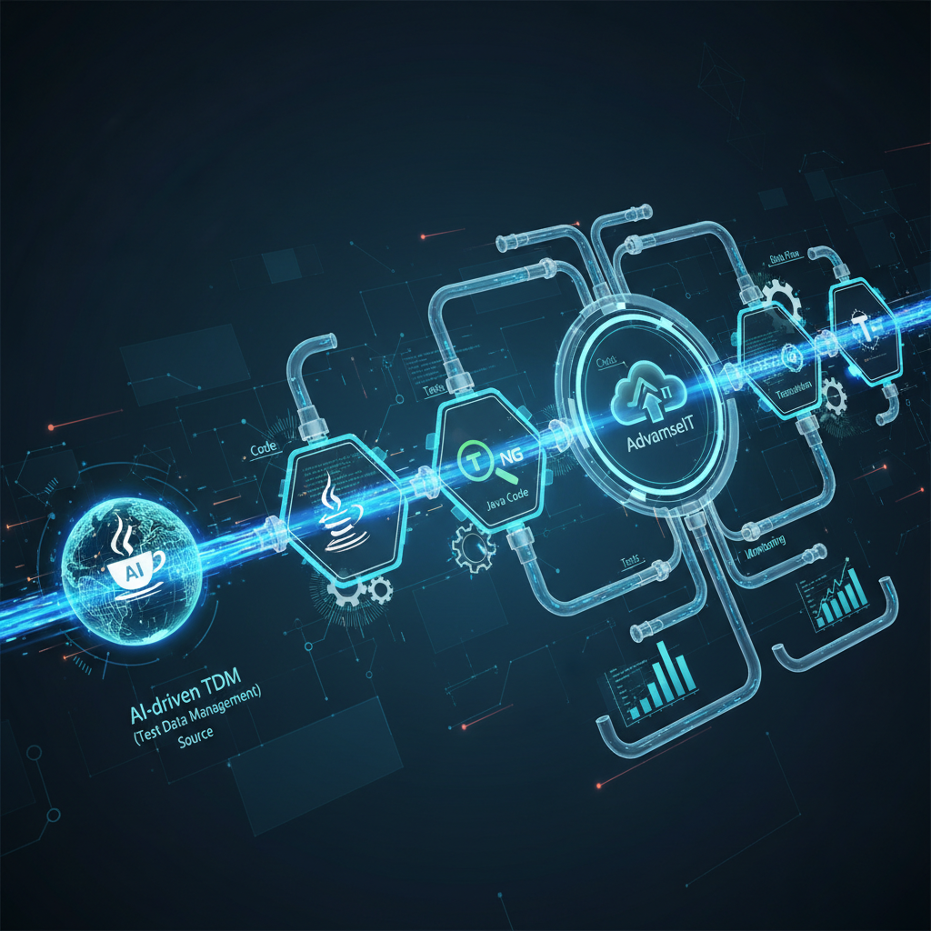 Visual representation of an optimized CI/CD pipeline with AI-driven TDM, Java, and TestNG.