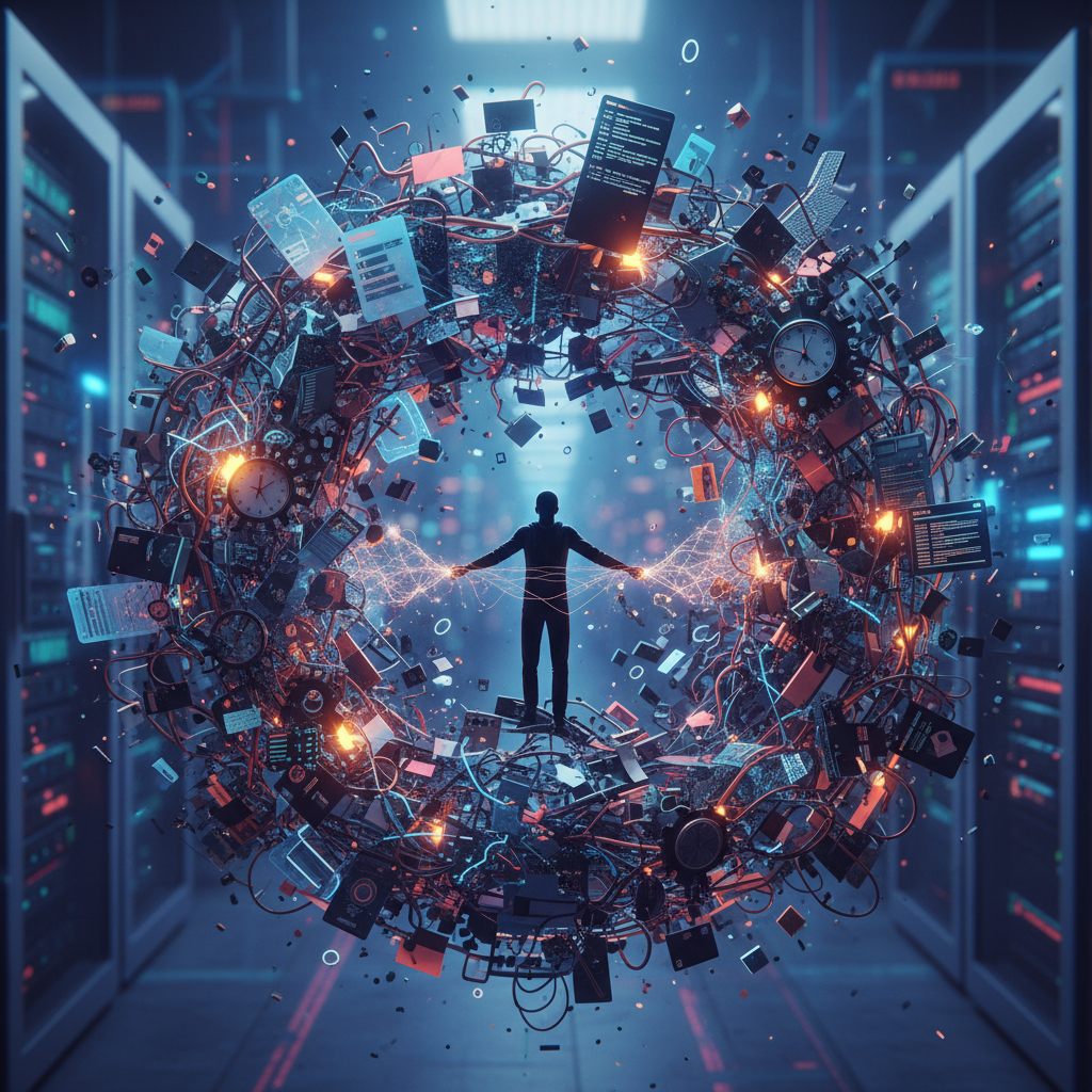 Illustration of a person struggling to organize tangled, complex test data, symbolizing challenges in test data generation.