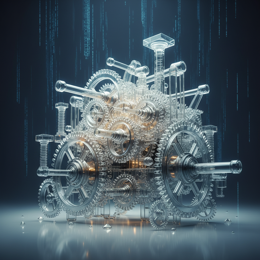 Transparent, glowing gear mechanism, symbolising explainable AI and clarity in its internal workings.