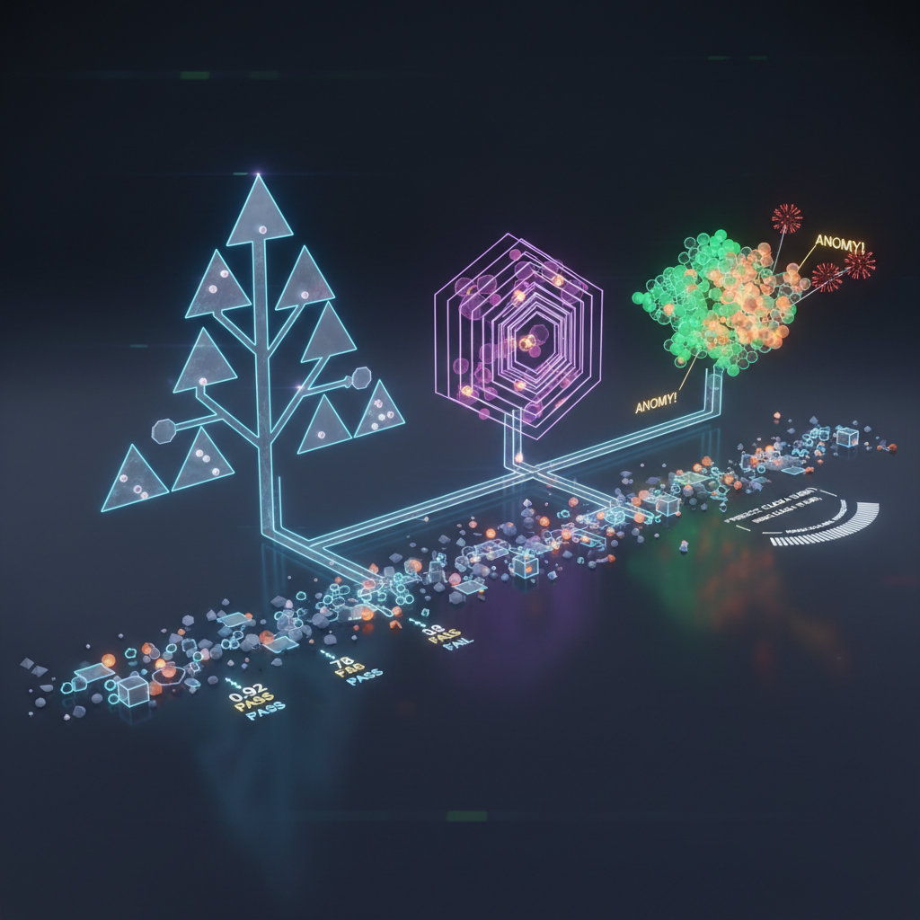 Abstract visualization of machine learning models (classification, anomaly detection) processing data and generating predictions.