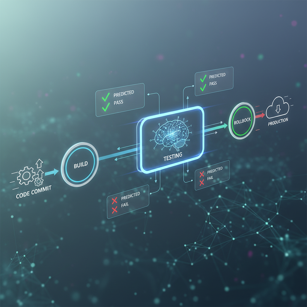 Visual representation of a CI/CD pipeline with an AI component integrated into the testing phase, showing predictive insights.