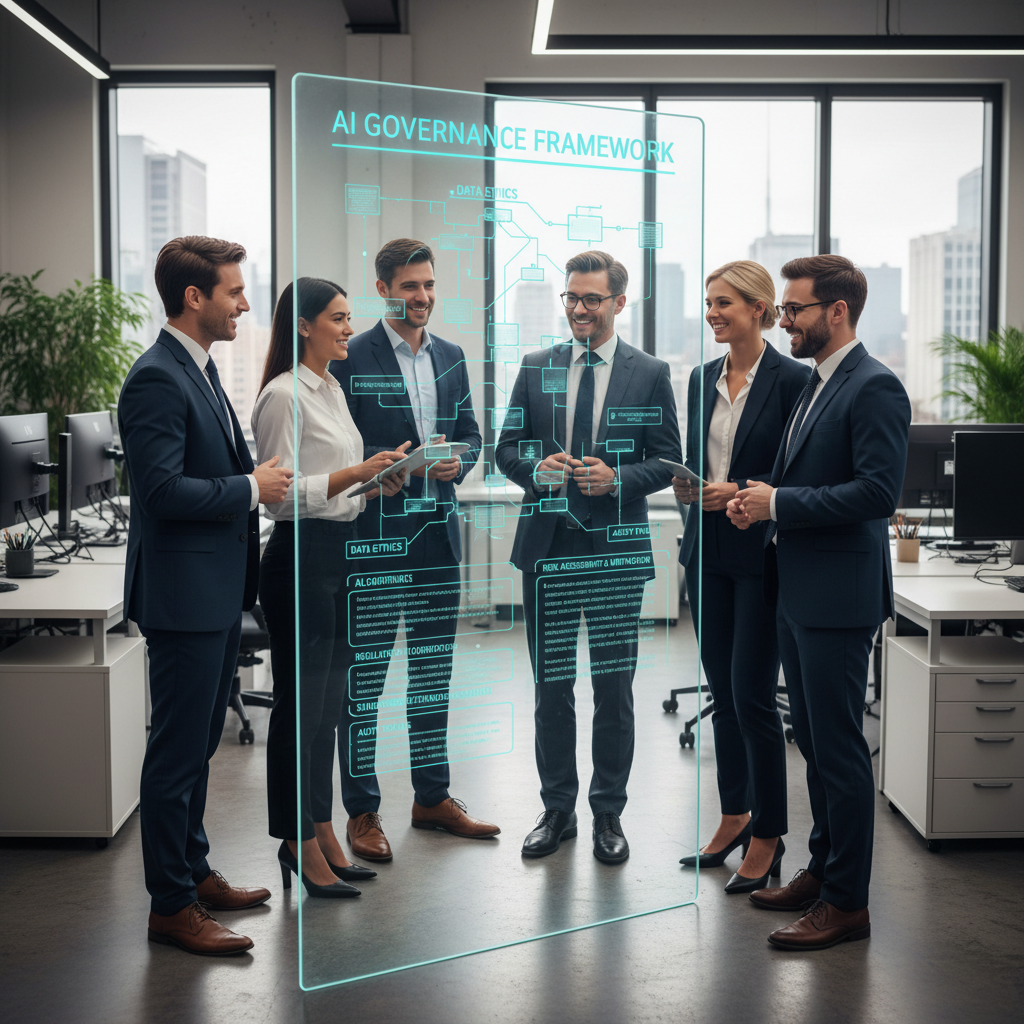 Professionals discussing AI governance policies on a transparent screen