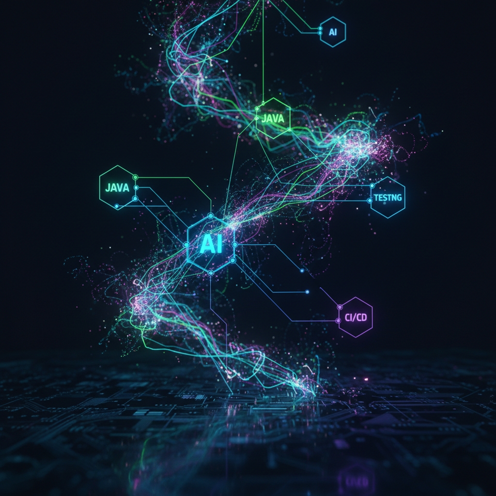 Abstract representation of AI, Java, TestNG, and CI/CD interconnected data flow.
