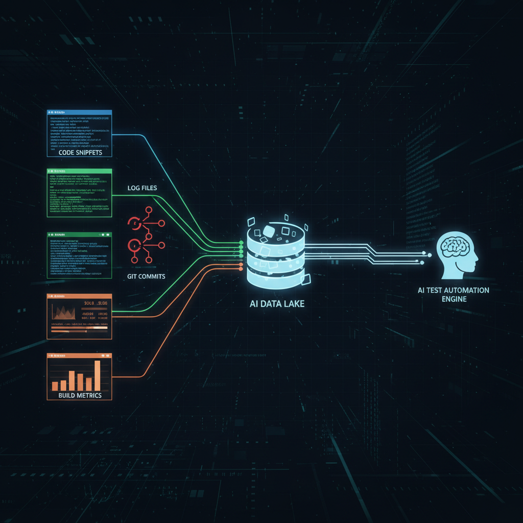 Illustration of various data sources like code, logs, and build metrics flowing into a central data repository for AI analysis.
