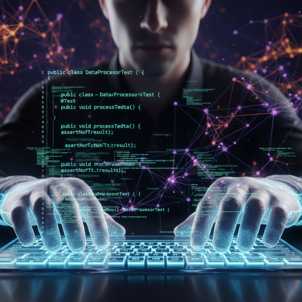 Developer typing Java code with holographic AI and TestNG elements.