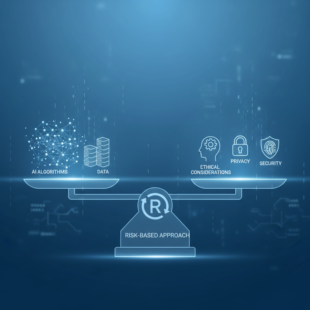 Digital balance scale weighing AI algorithms against ethical and privacy icons