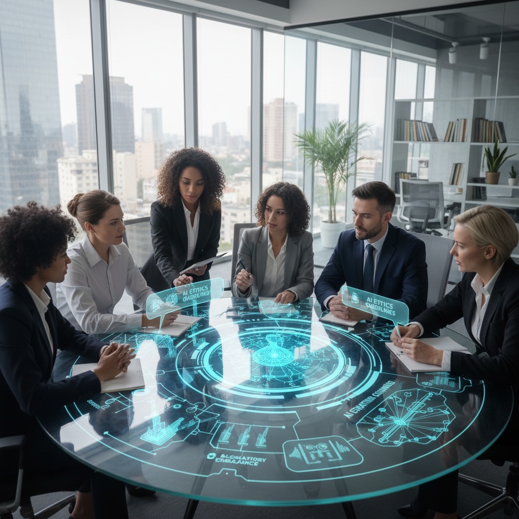 Diverse team collaborating around a holographic display, representing an AI Ethics Governance Committee.
