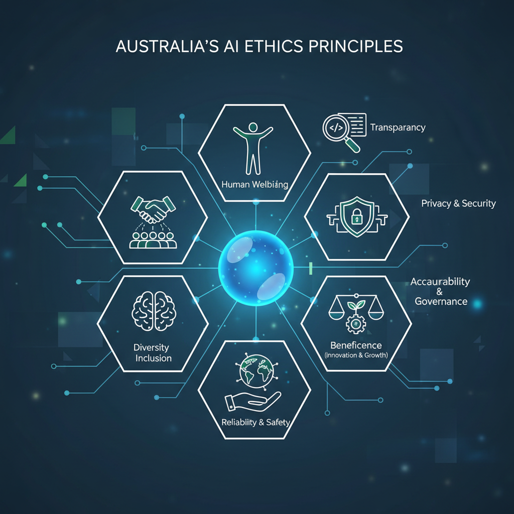 Illustrative icons representing Australia's eight AI Ethics Principles