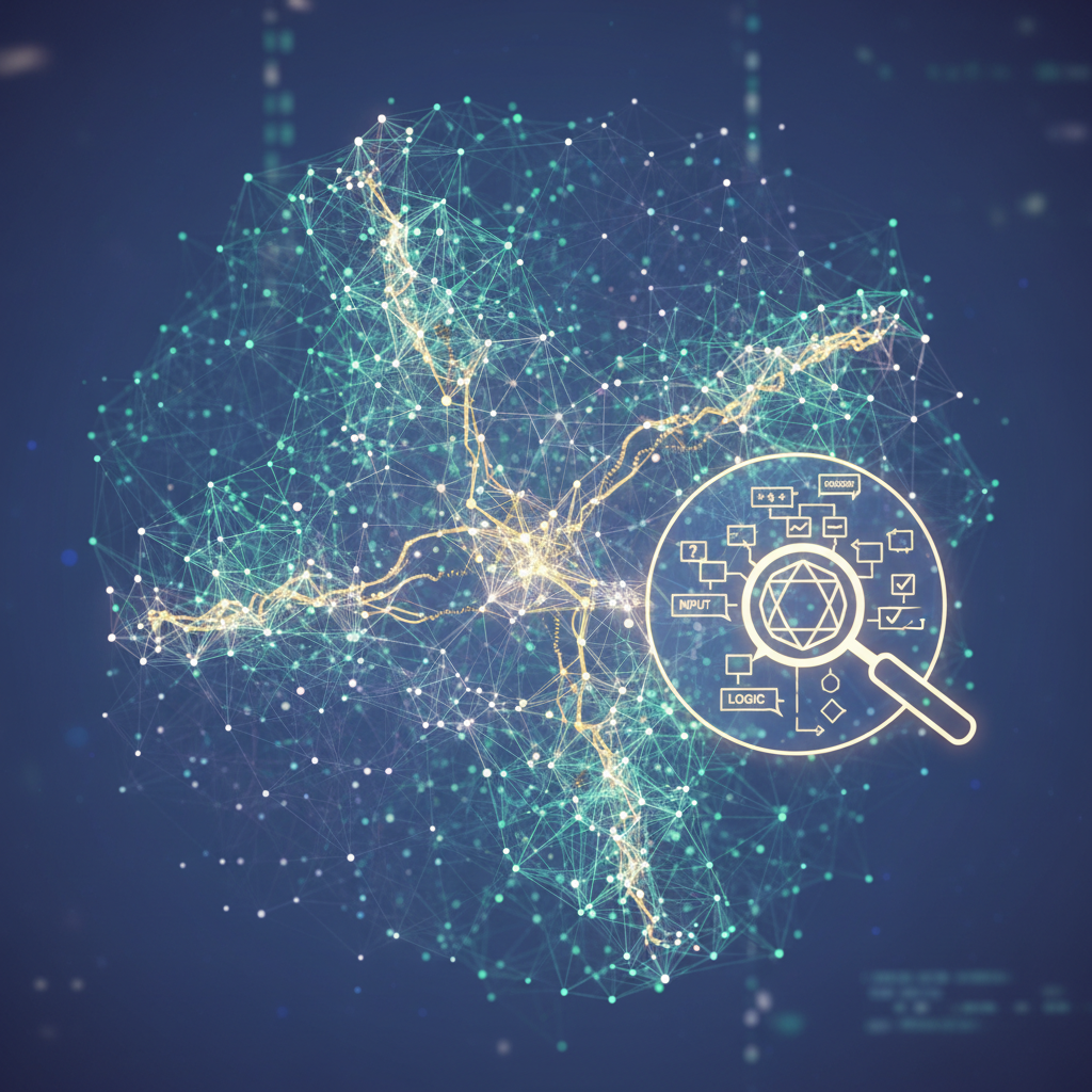 Abstract neural network with highlighted, explained pathways and a magnifying glass