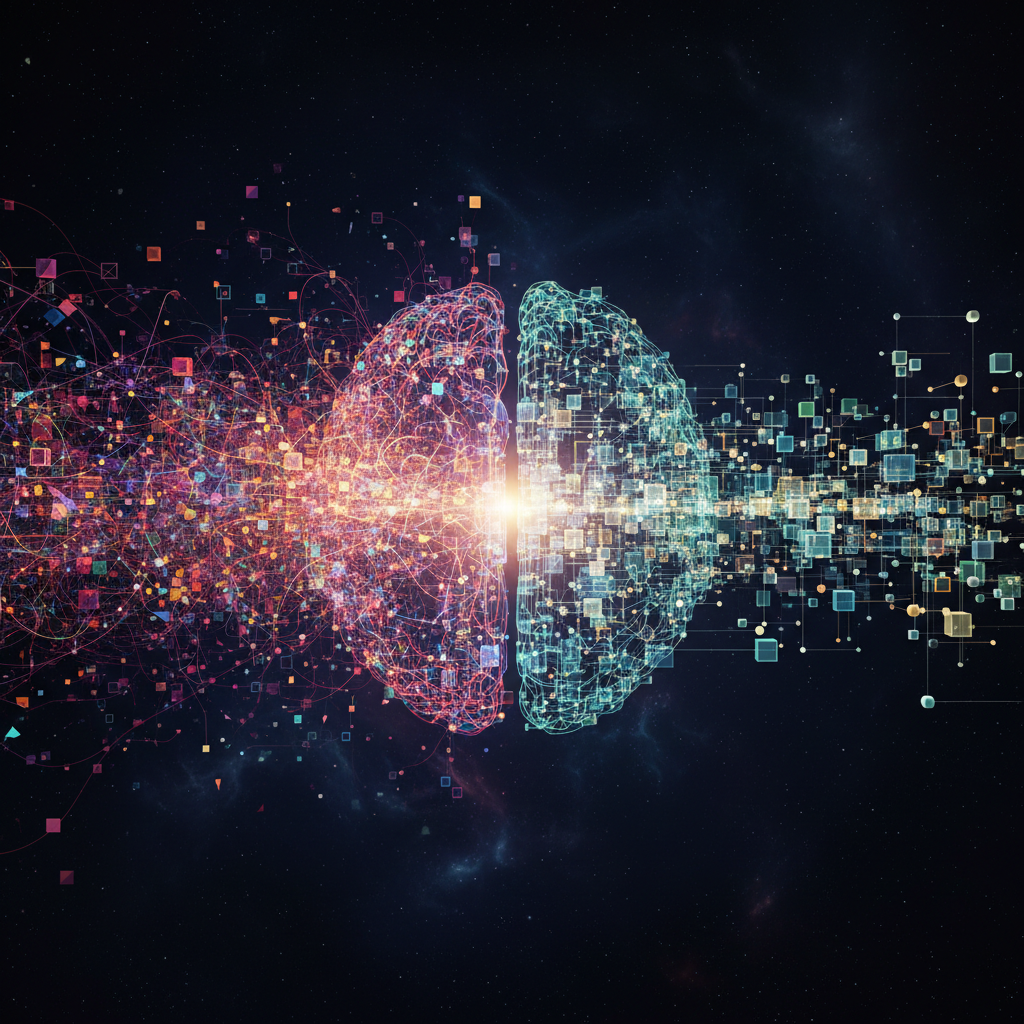 Abstract image showing data flowing into an AI neural network and emerging as structured, synthetic test data.