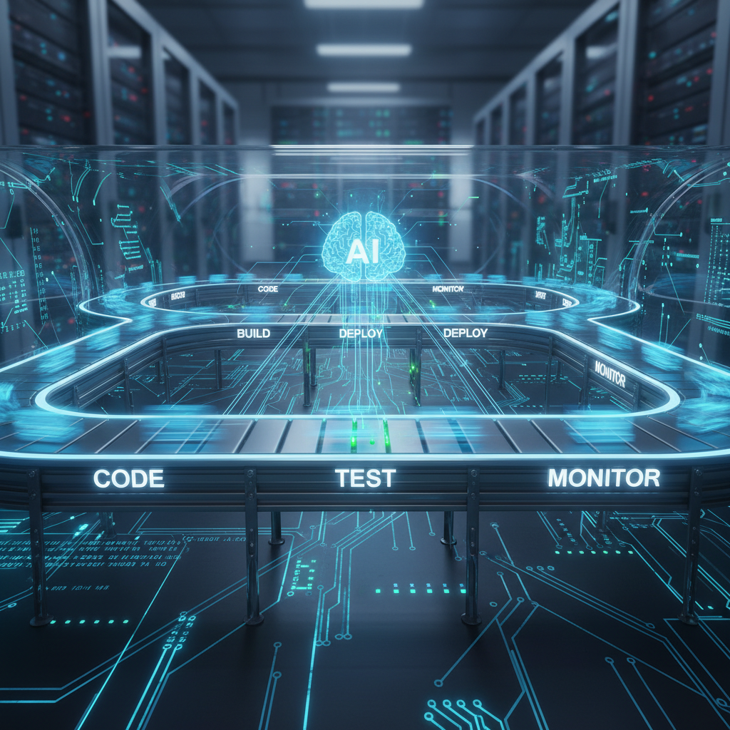 Metaphorical representation of an AI-optimized CI/CD pipeline with data flowing efficiently.