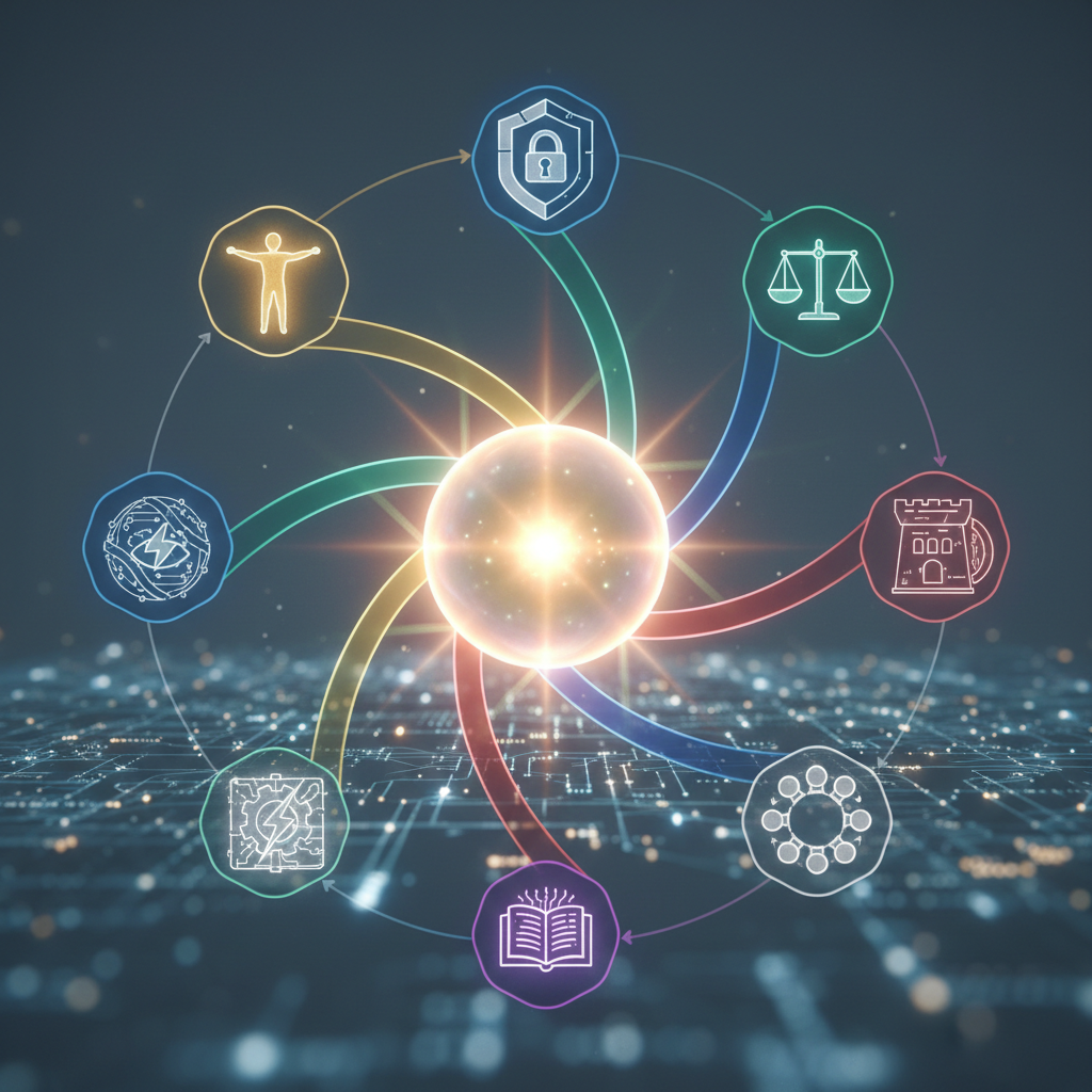 Abstract representation of eight interconnected beams of light, each leading to an icon symbolising an AI ethics principle.