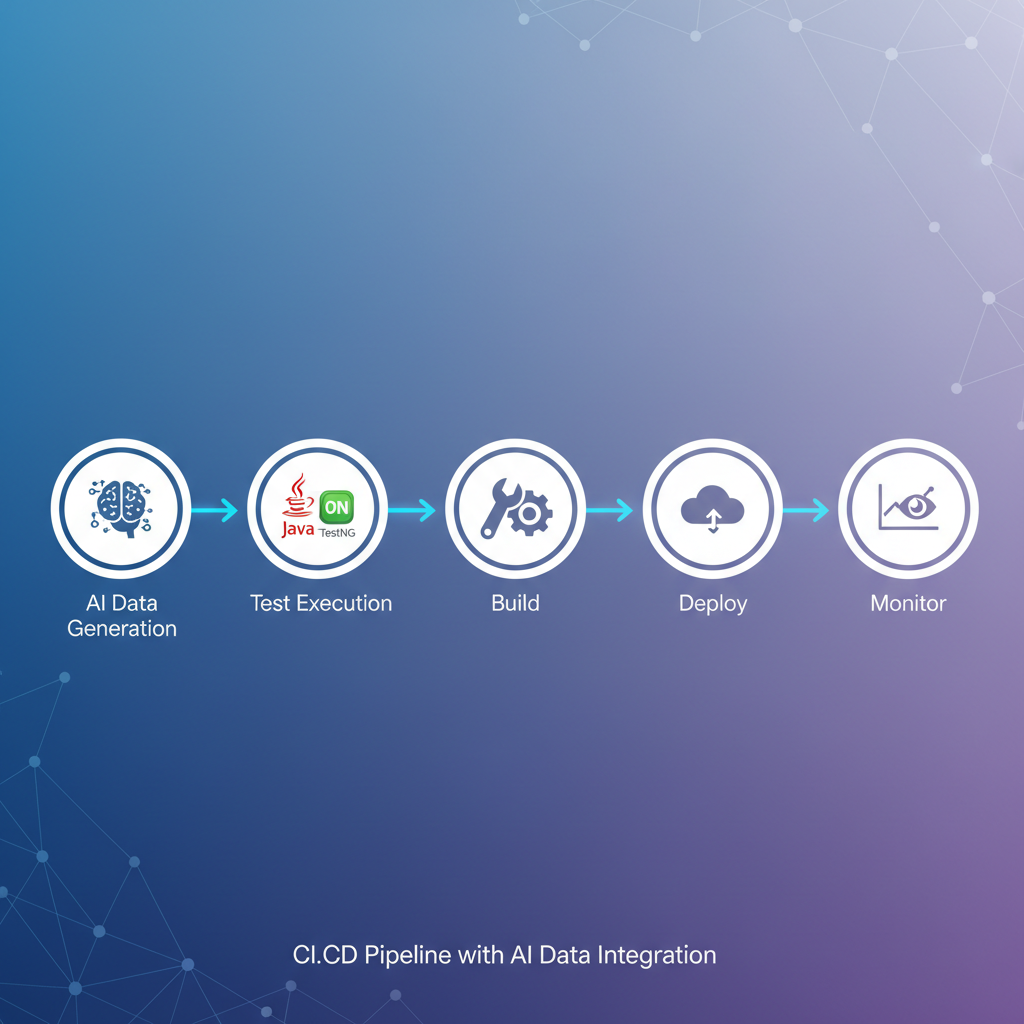 Diagram showing an AI Data Generation module integrated into a CI/CD pipeline, feeding data into Test Execution.