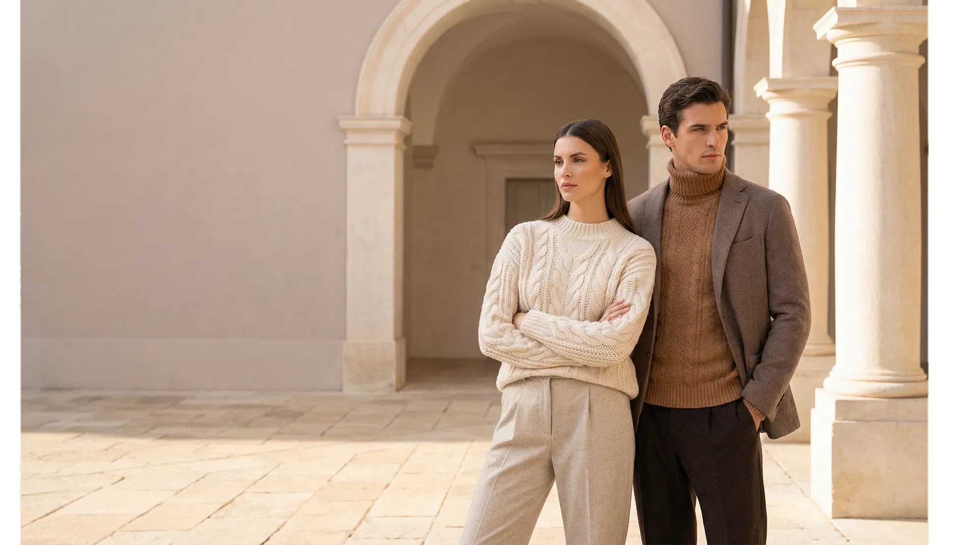 Professional winter knitwear models in a refined architectural setting for Rui Yun's homepage hero