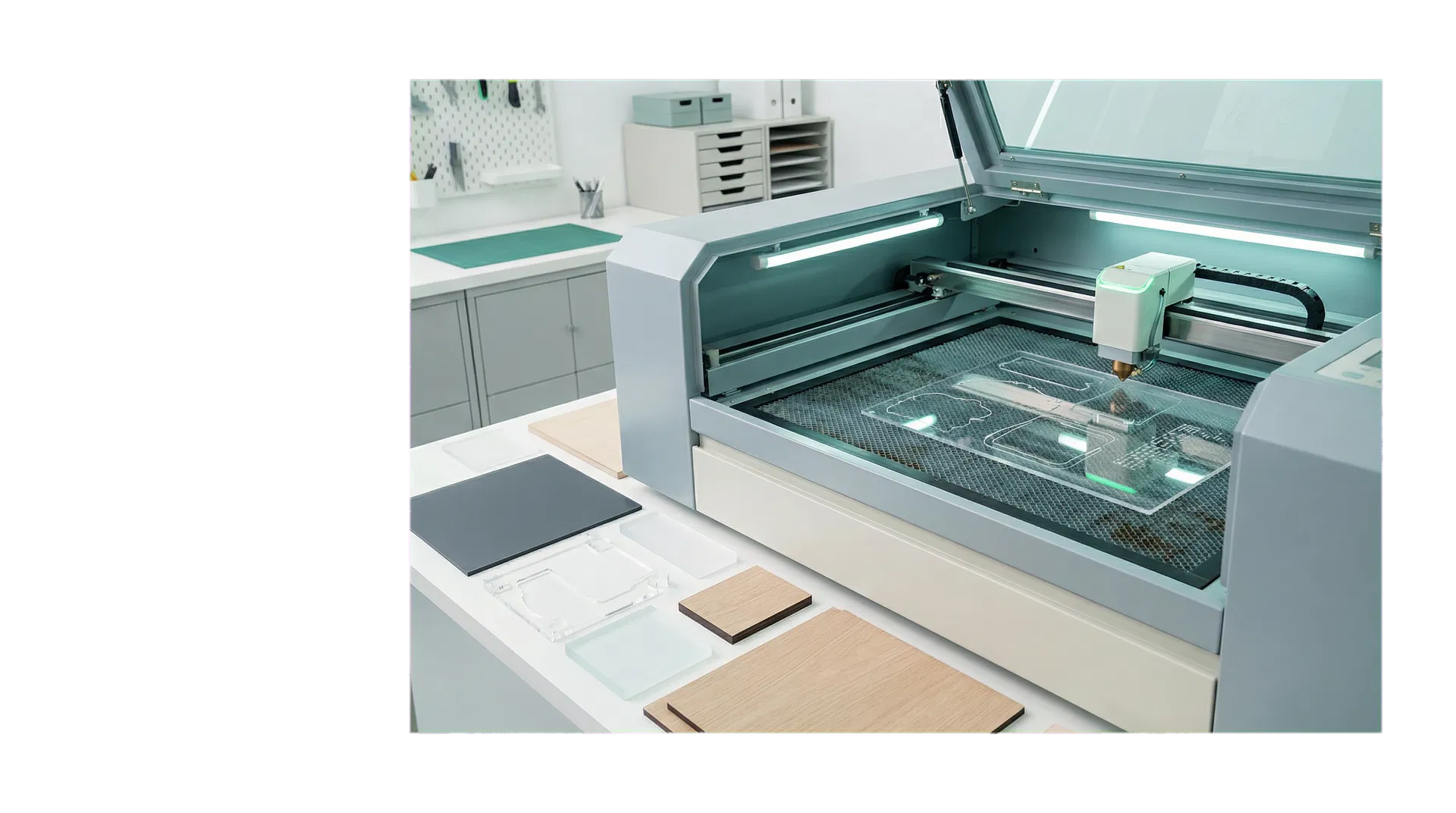 Helle Werkstattaufnahme einer CO2-Laseranlage als branchenübergreifender Einstieg in unterschiedliche B2B-Anwendungen von Acryl bis Holz.