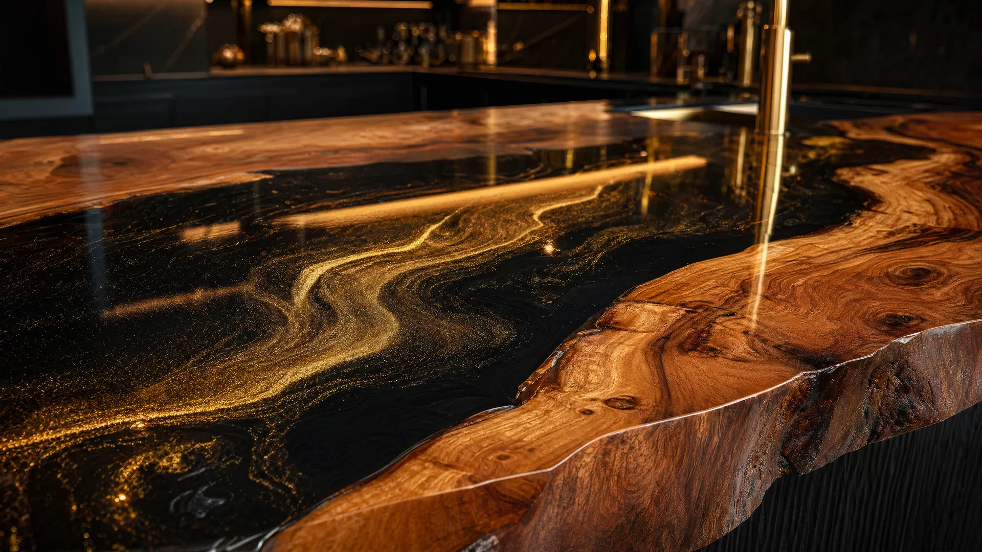 Blat de bucătărie din rășină epoxidică neagră și aurie