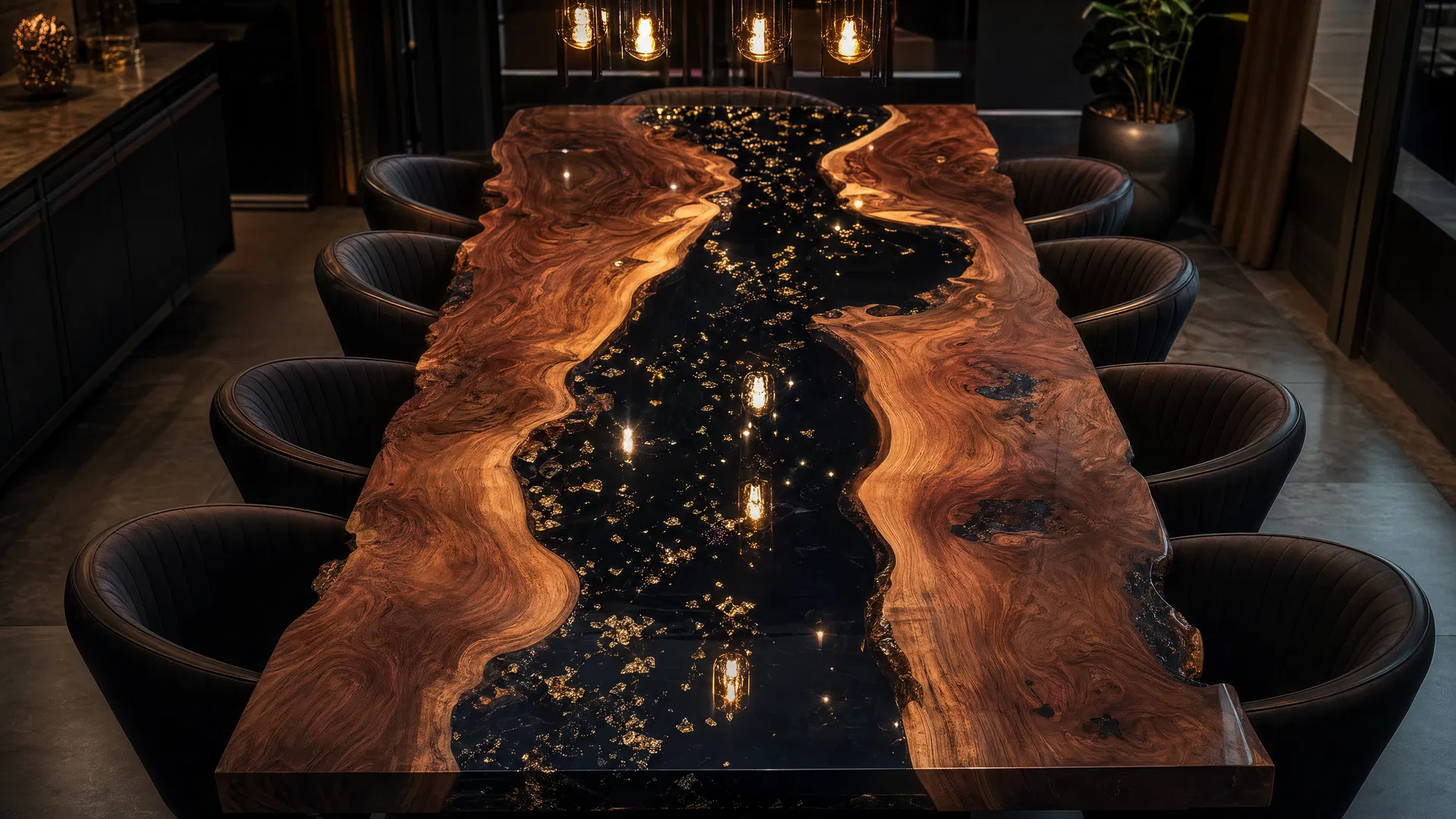 Masă river table din lemn de nuc și rășină epoxidică neagră