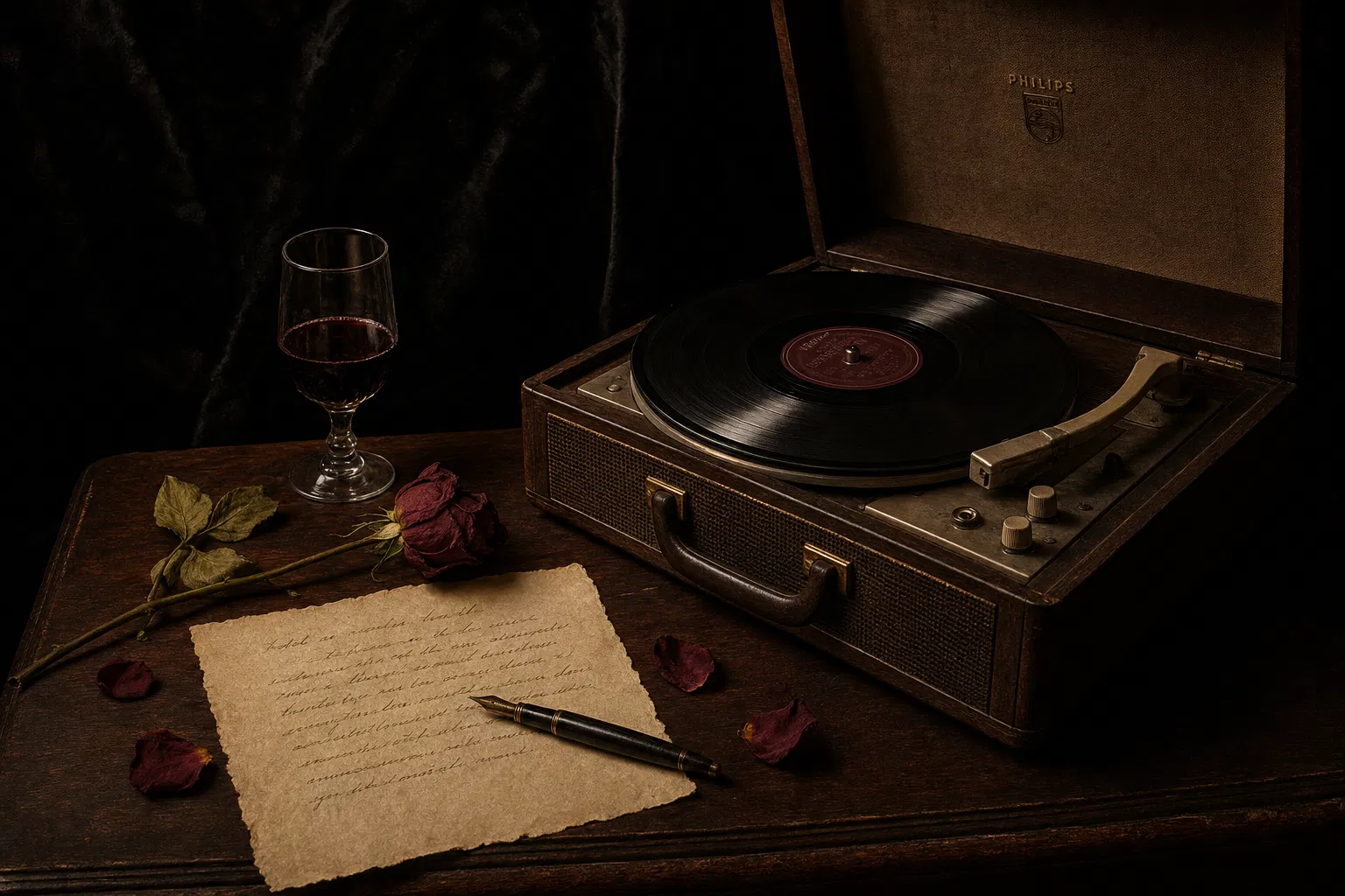 Still life with vintage record player, wilting rose, wine glass, and handwritten letter
