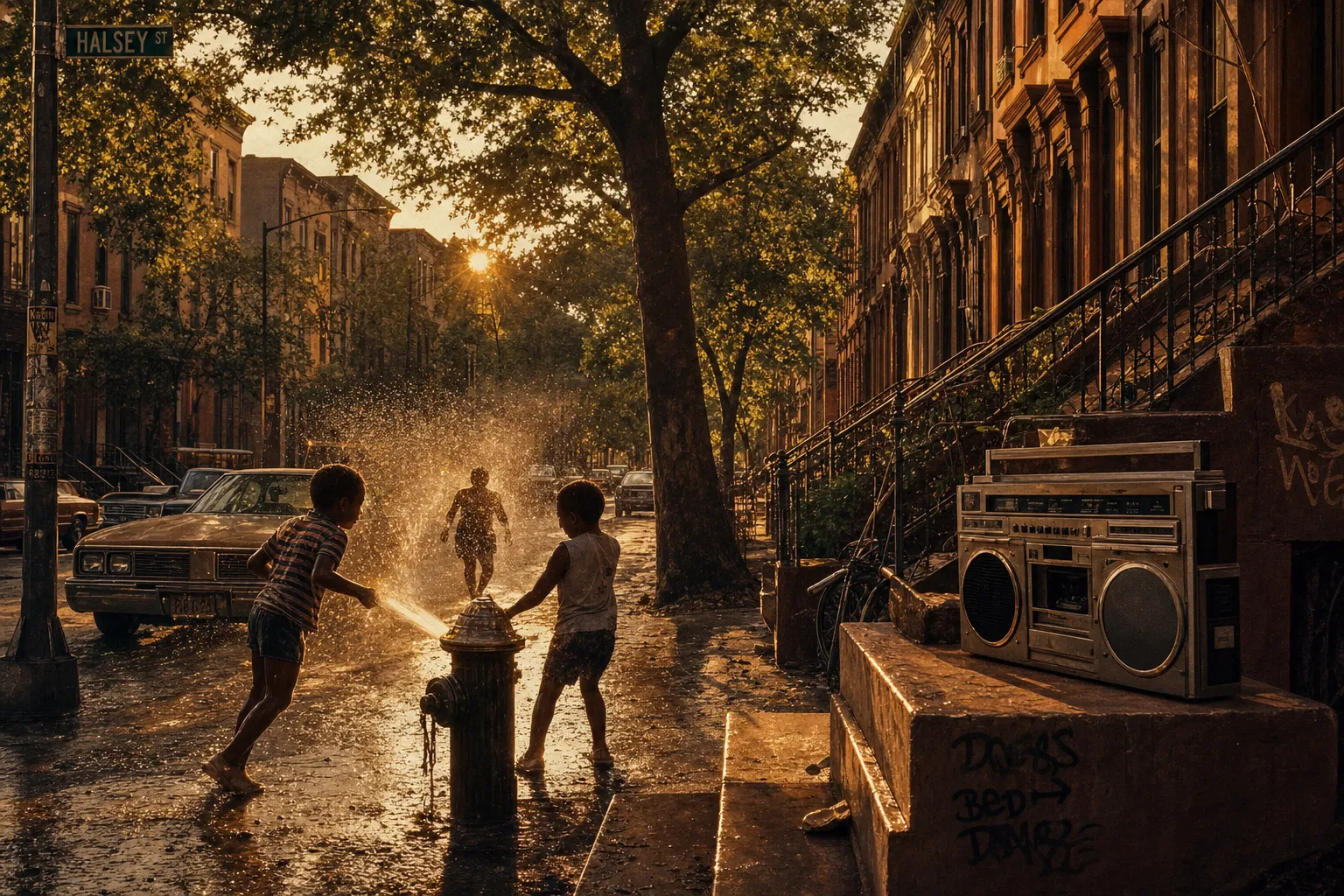 Brooklyn street scene, 1980s — brownstones, fire hydrants, and summer light