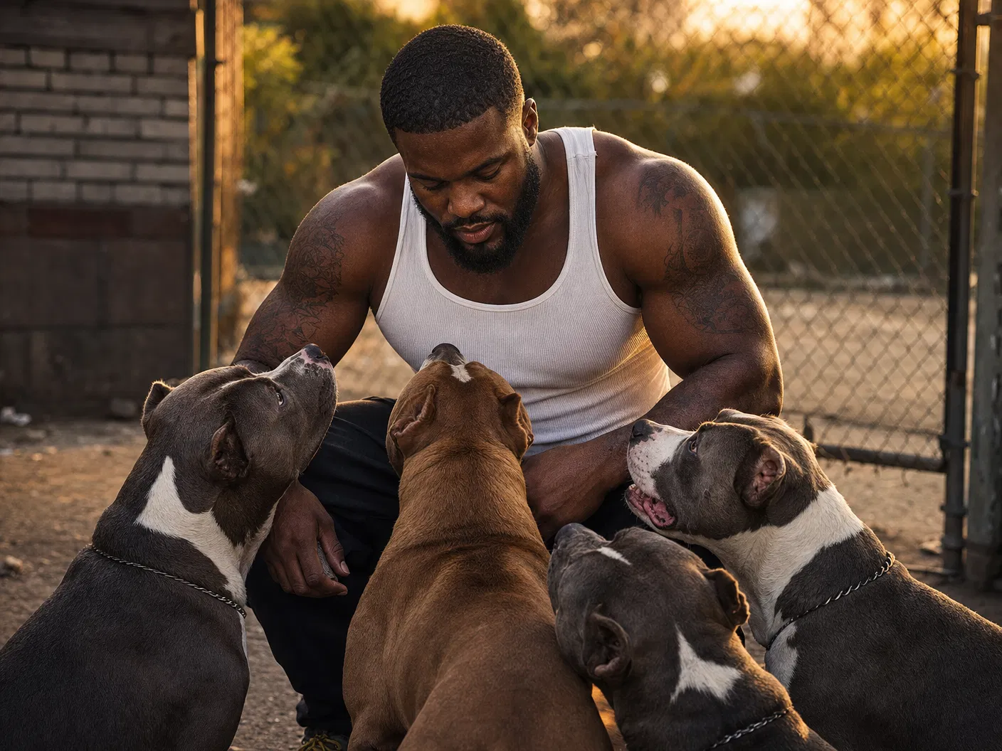 DMX surrounded by pit bulls in golden hour light