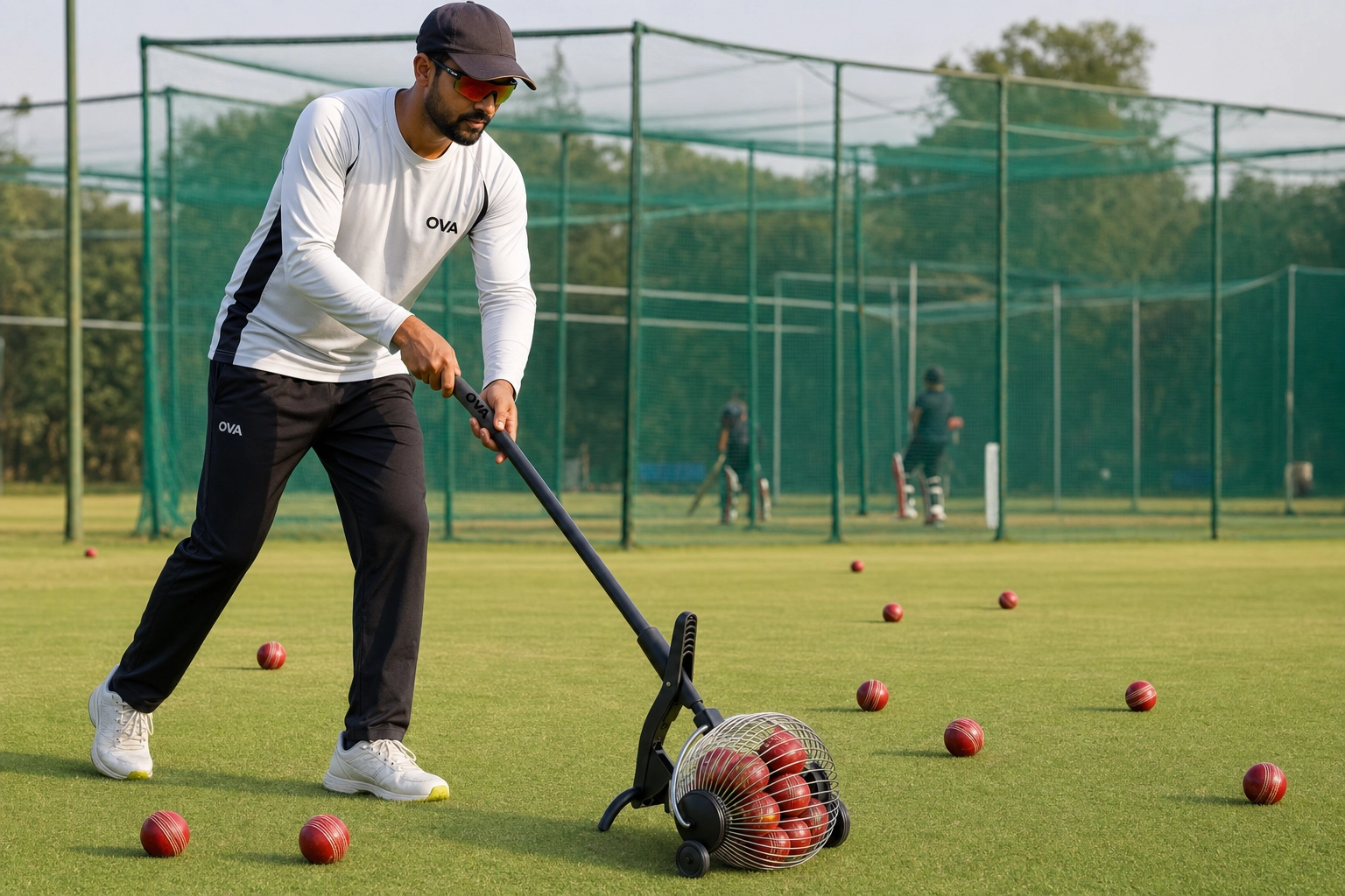 OVA NetCollect rolling cricket ball collector with 24-ball capacity for training sessions