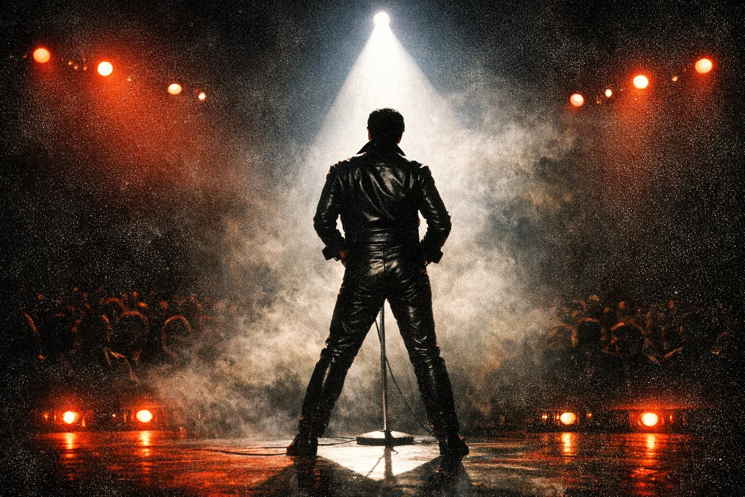 Dramatic silhouette of a performer in black leather under a single spotlight, 1968 comeback aesthetic