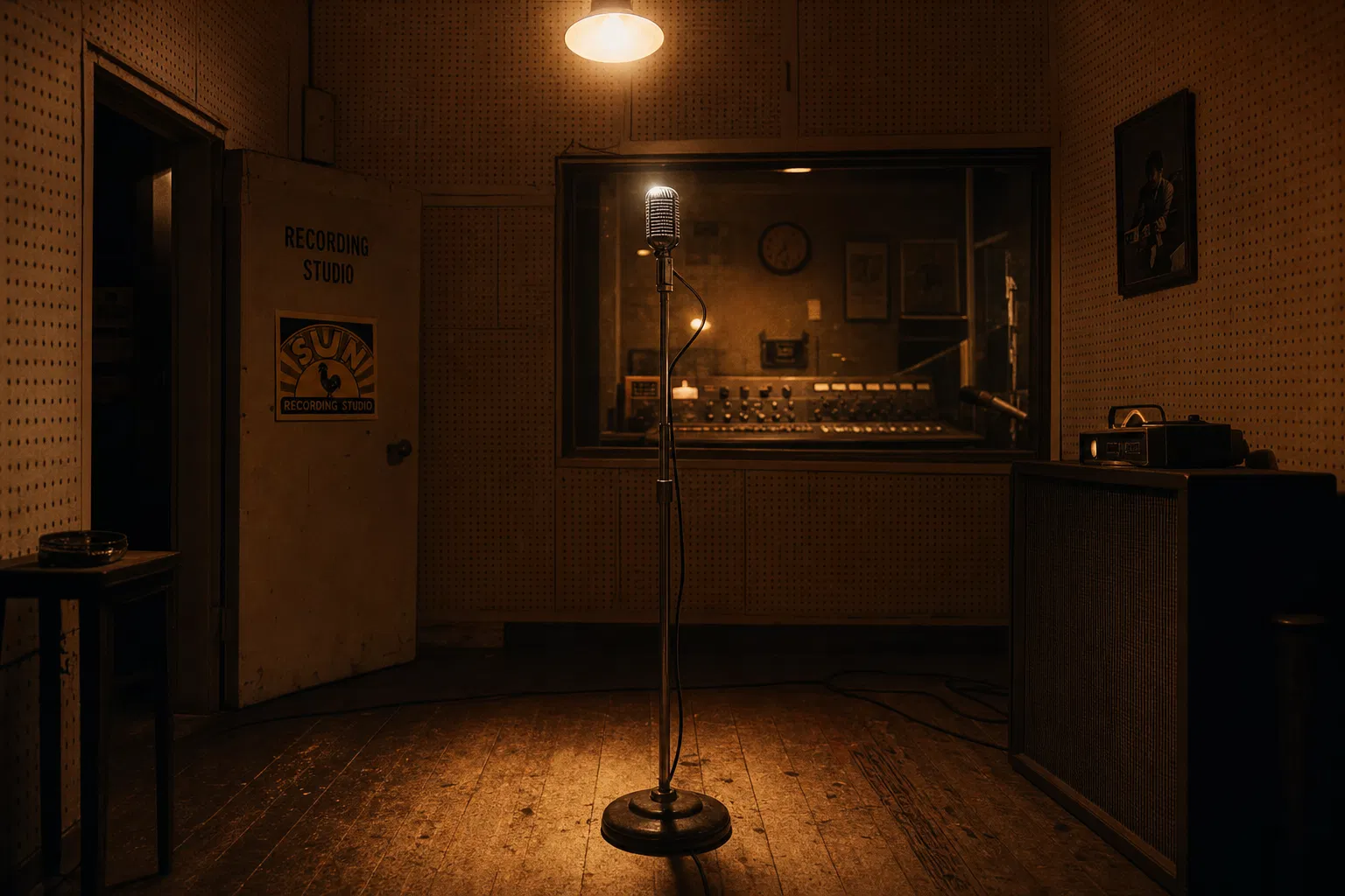 Interior of Sun Recording Studio, Memphis — a single microphone under warm amber light