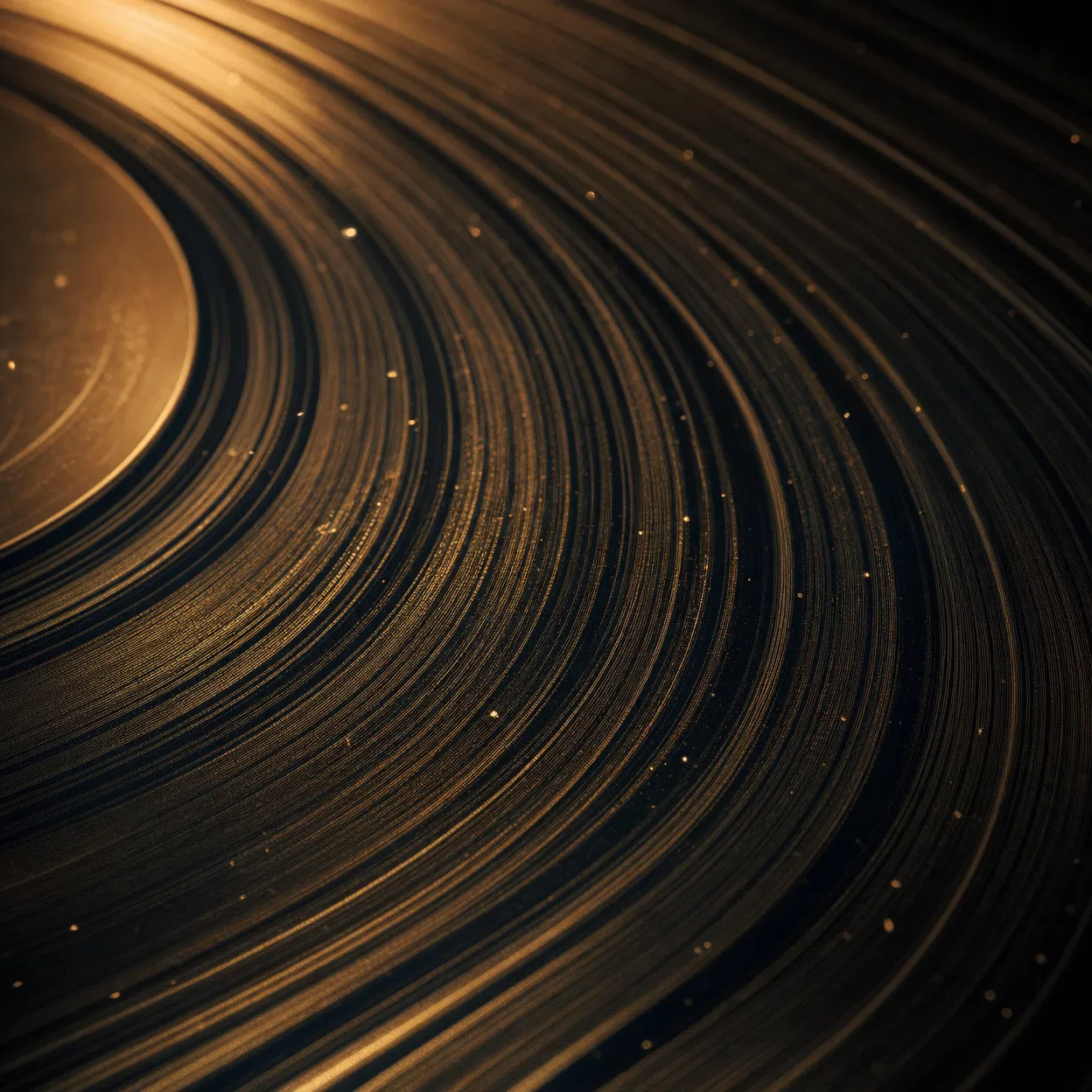 Close-up of vinyl record grooves catching golden light