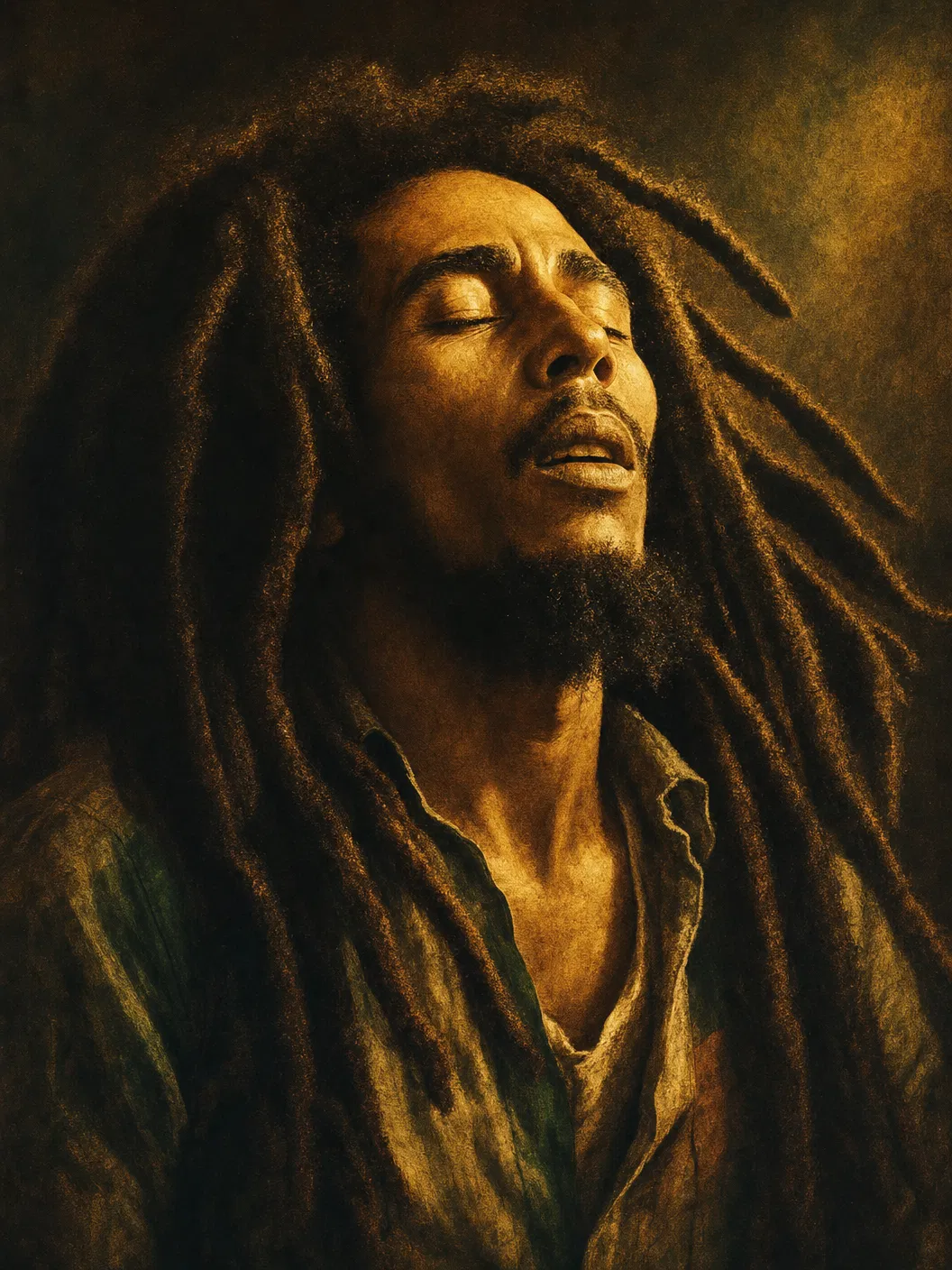Artistic portrait of Bob Marley in golden light
