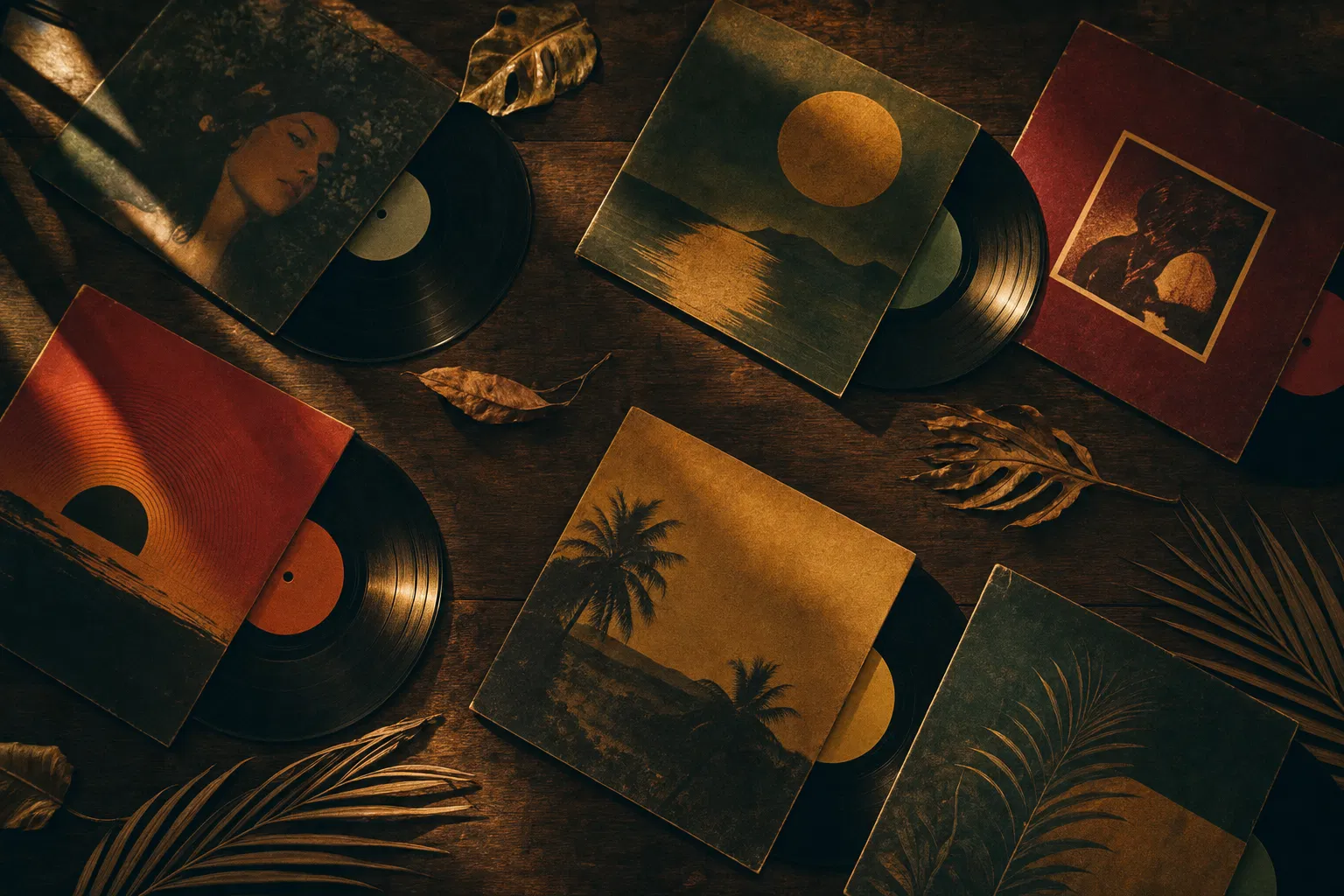 Vintage vinyl records on dark wood