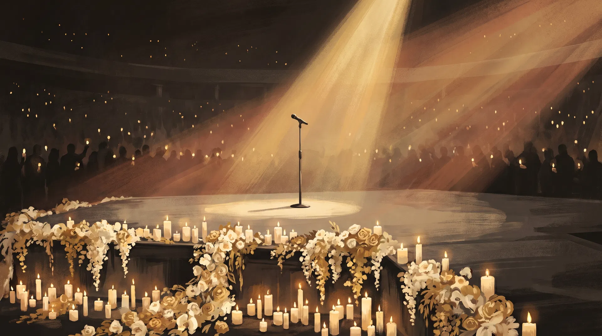 Empty stage with lone microphone β a memorial illustration