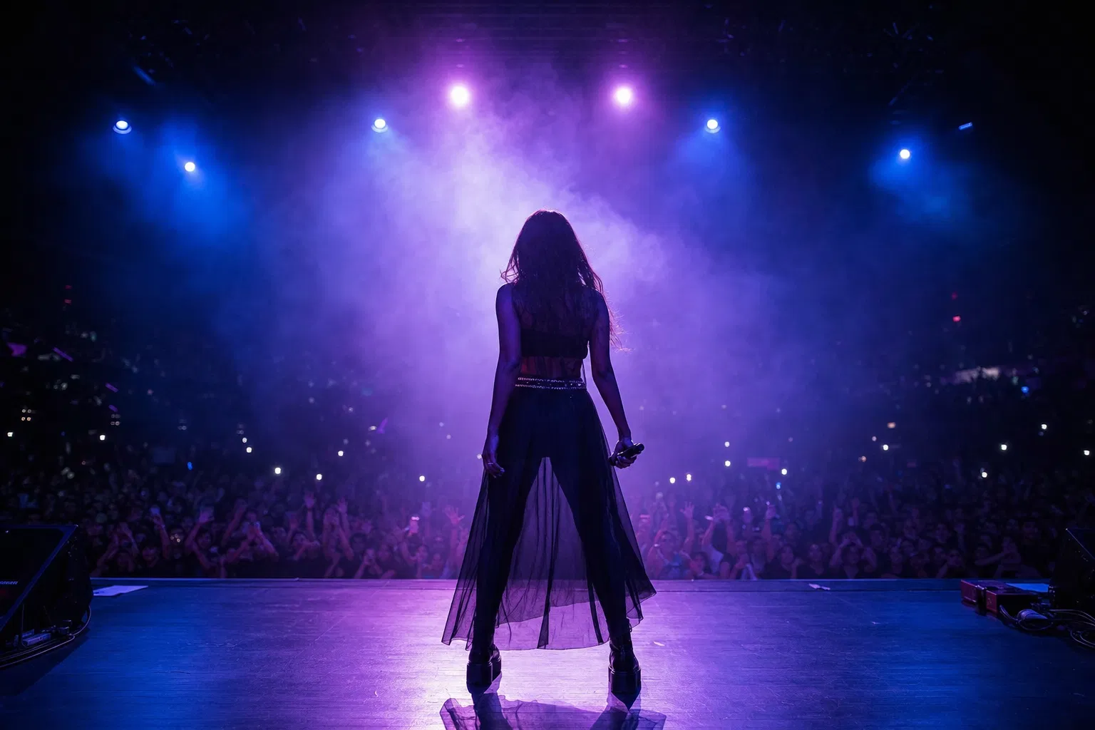Concert stage with dramatic purple and blue lighting