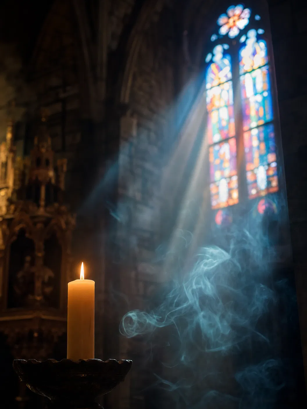 Candle in cathedral with stained glass light beams