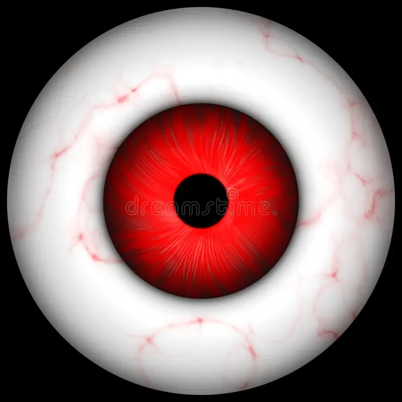 A single bloodshot eyeball with a deep red iris and black pupil against a black background