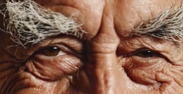 Extreme close-up of a deeply wrinkled elderly face, eyes small and weathered, brow furrowed