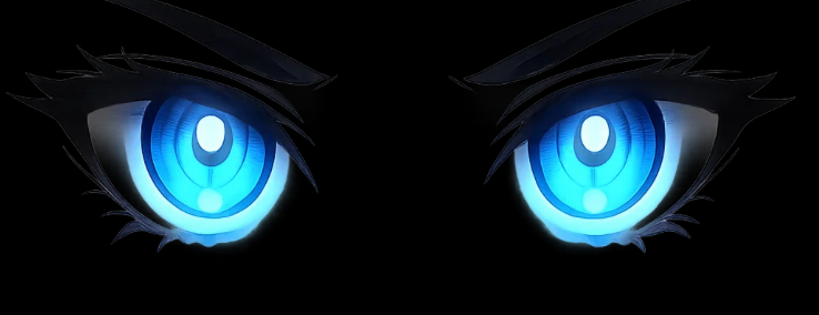Two glowing blue anime-style eyes blazing against a pitch-black background
