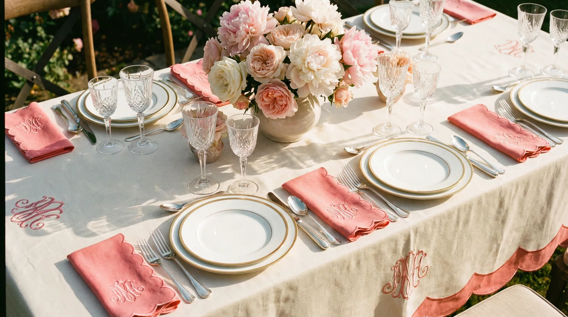 Elegant outdoor table setting with blush pink embroidered linens and roses