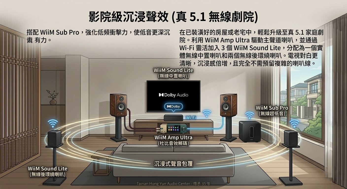 WiiM 5.1 無線劇院生態系：老宅與已裝潢房屋的完美解方