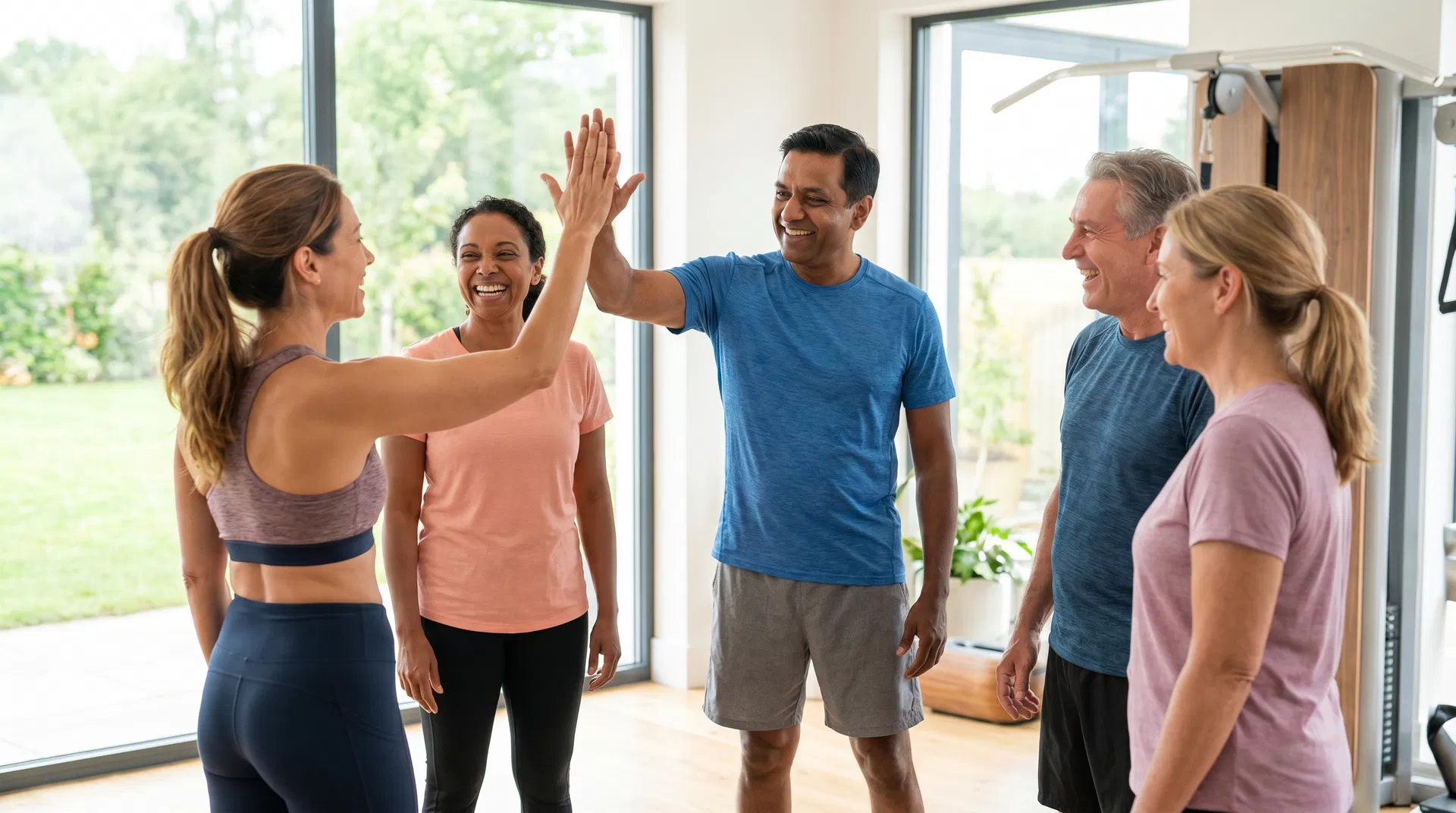 A welcoming coach and diverse middle-aged members sharing a supportive high-five moment at Gateway Hills.