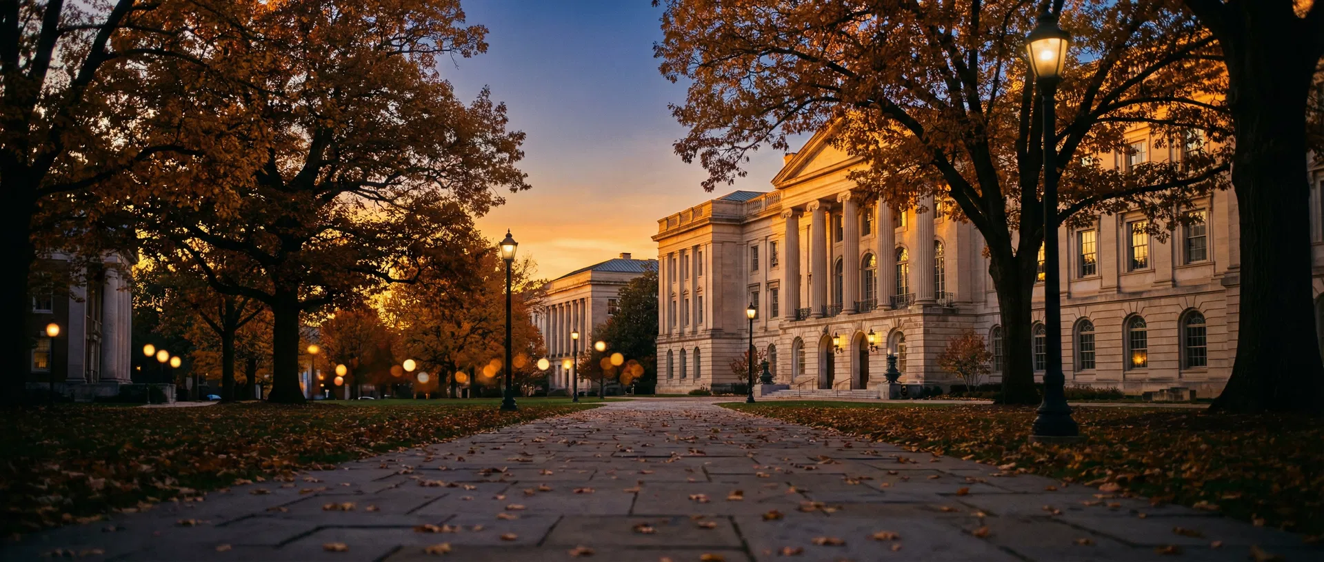 University campus at golden hour