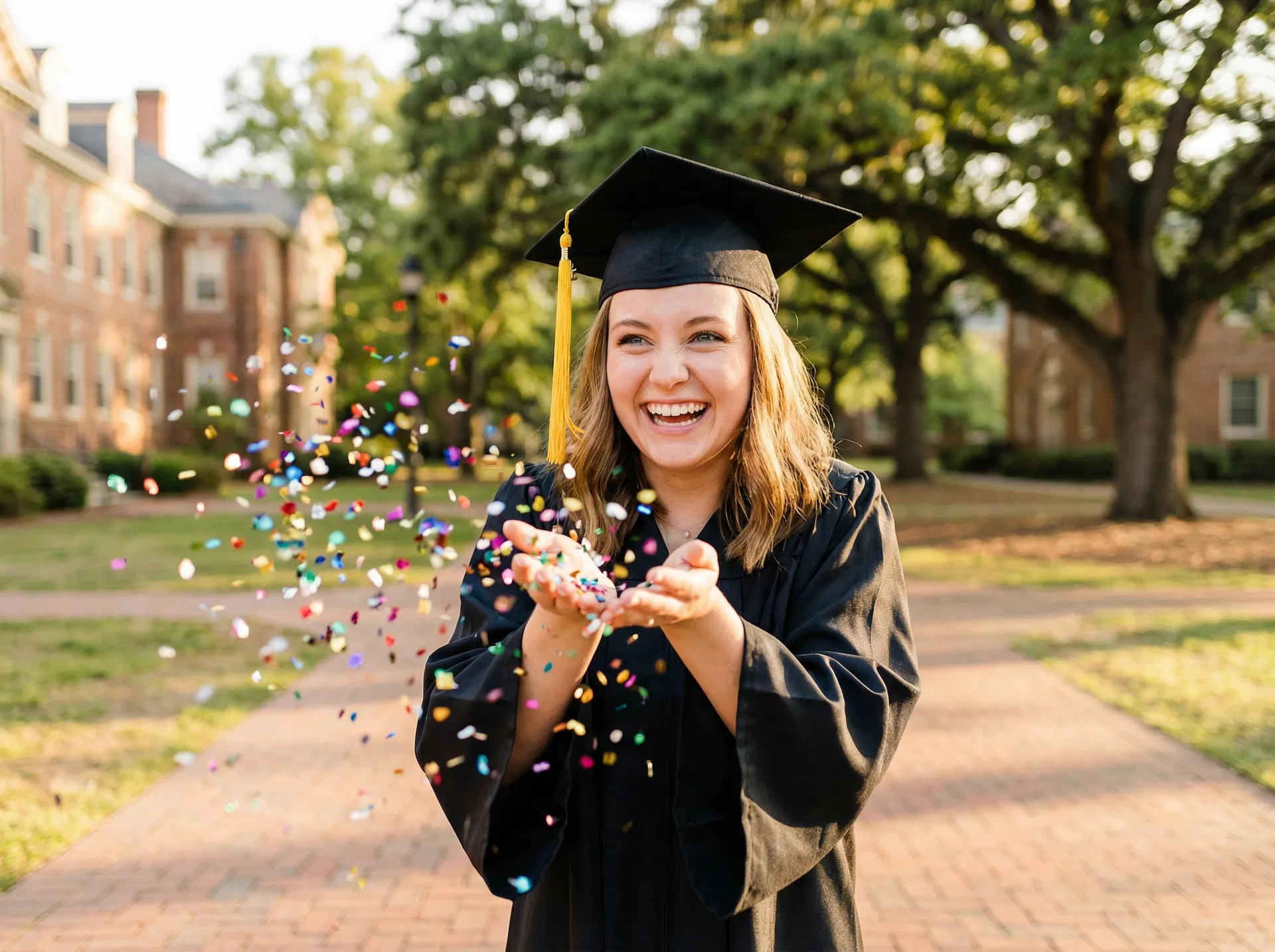 Graduate blowing confetti