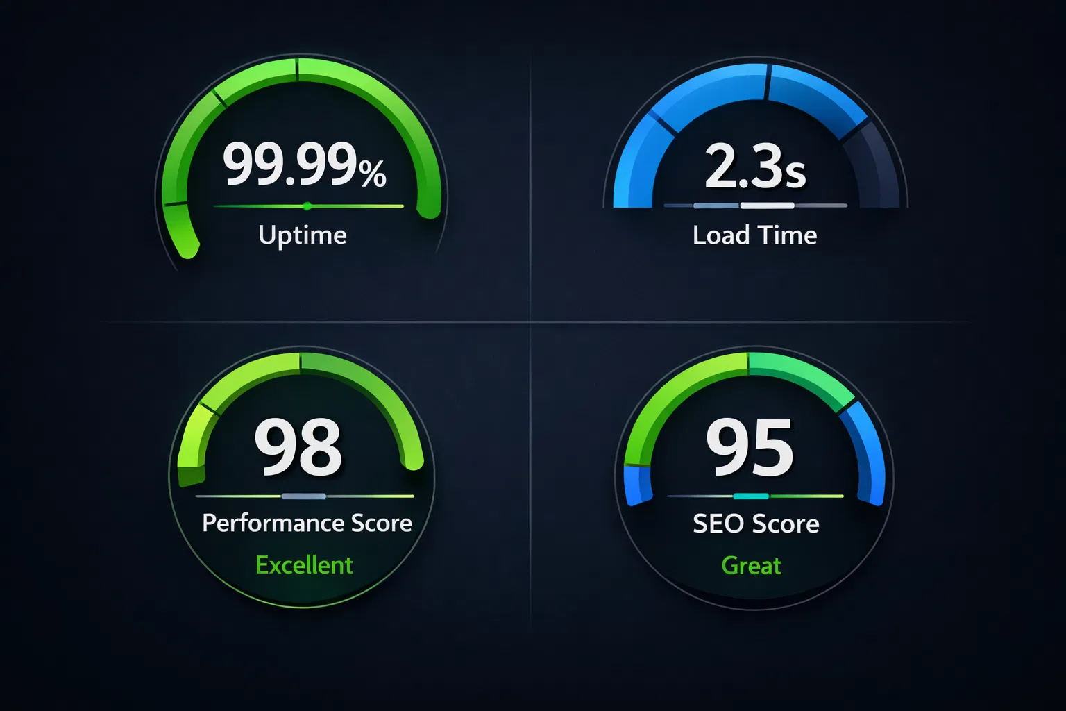 Performance Metrics Dashboard showing 99.99% Uptime, 2.3s Load Time, 98 Performance Score, and 95 SEO Score