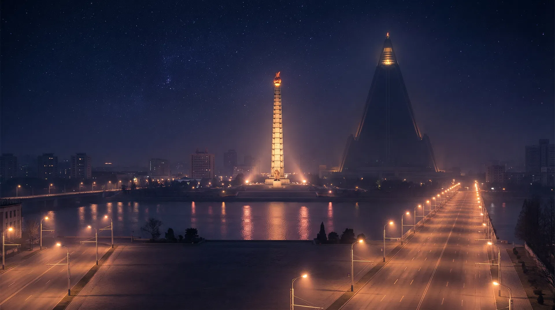 Pyongyang la nuit — Tour Juche et Hôtel Ryugyong