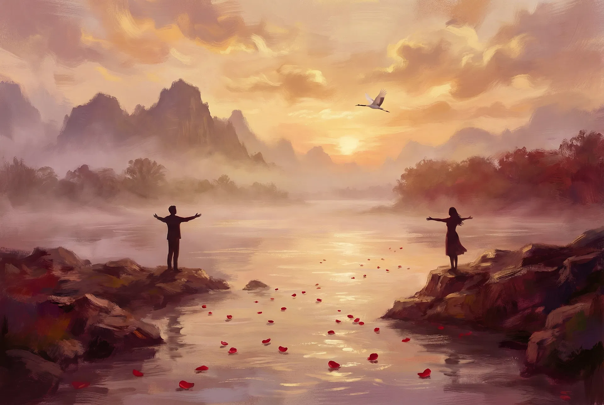 Deux silhouettes séparées par une rivière au coucher du soleil