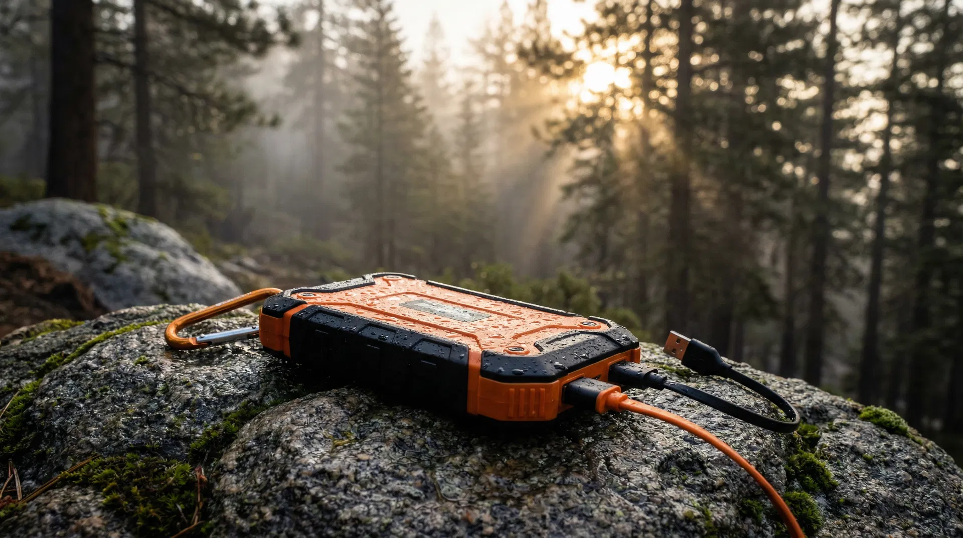 Outlast Power Bank on rock in mountain forest