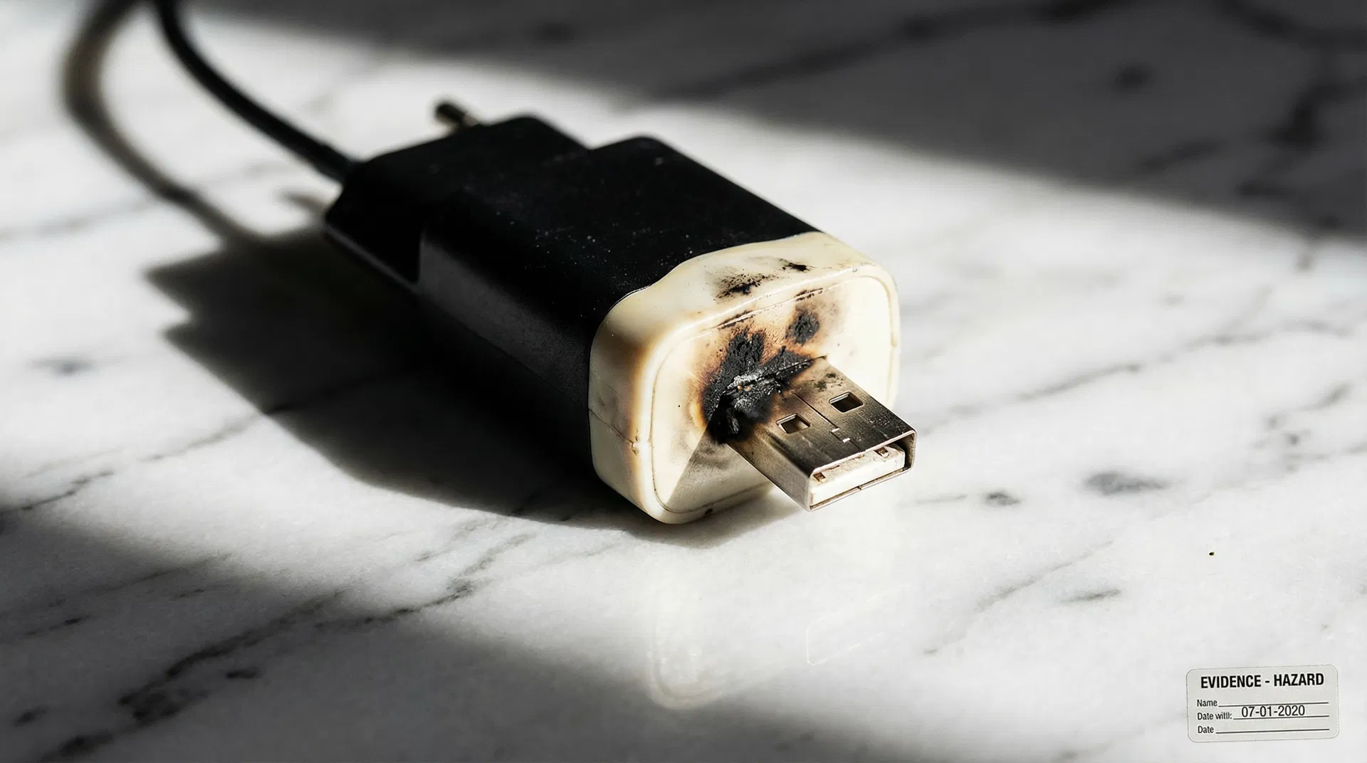 Damaged charger with melted plastic