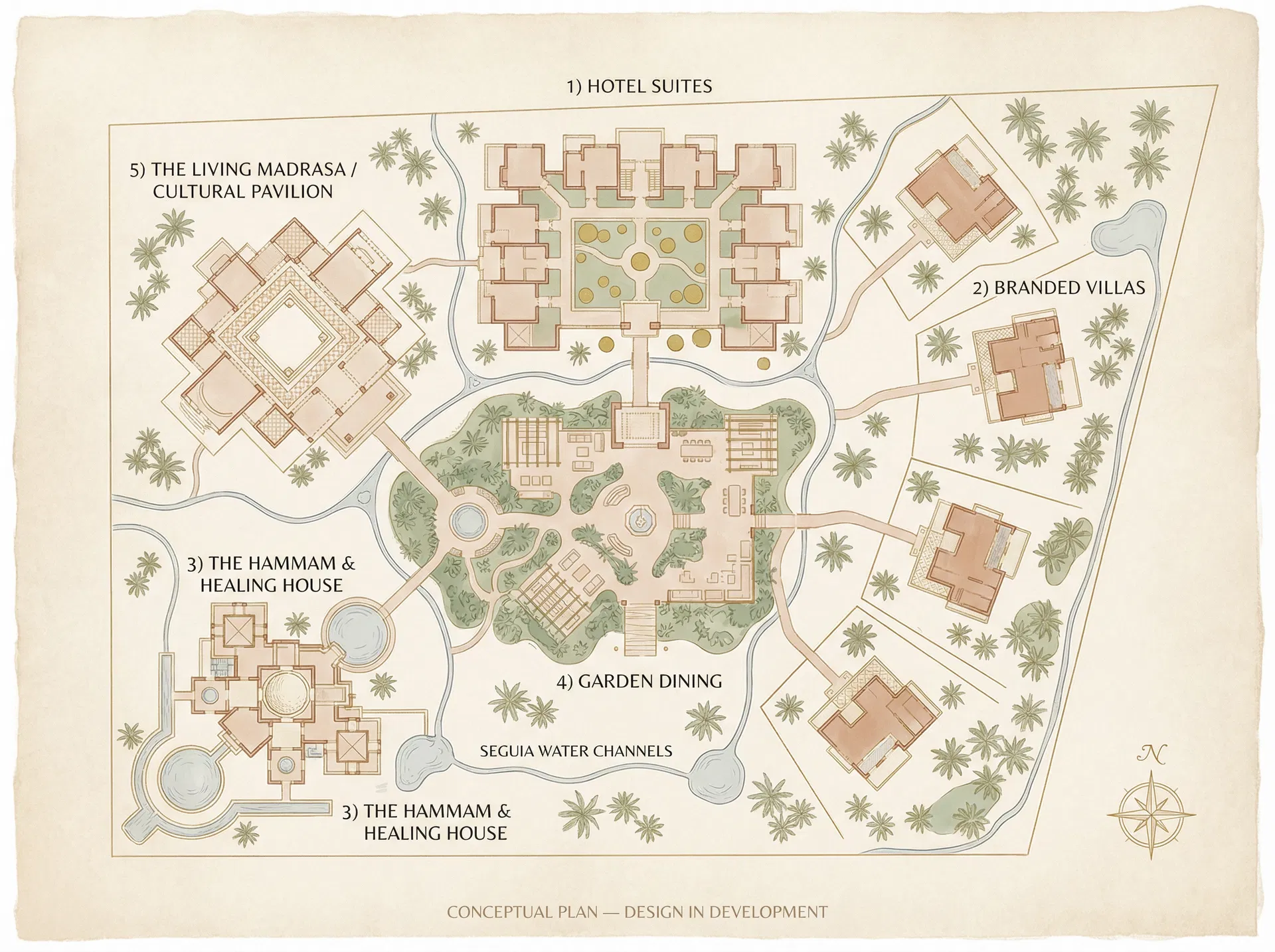 WABI Ben Yosef conceptual site plan showing hotel suites, branded villas, hammam, garden dining, and cultural pavilion within the ancient palm grove