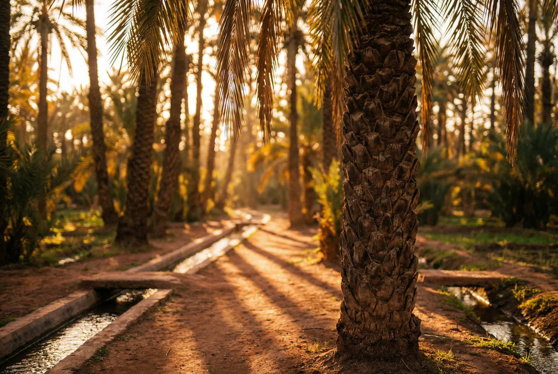 Date palm grove at golden hour — ancient seguia channels catching the light