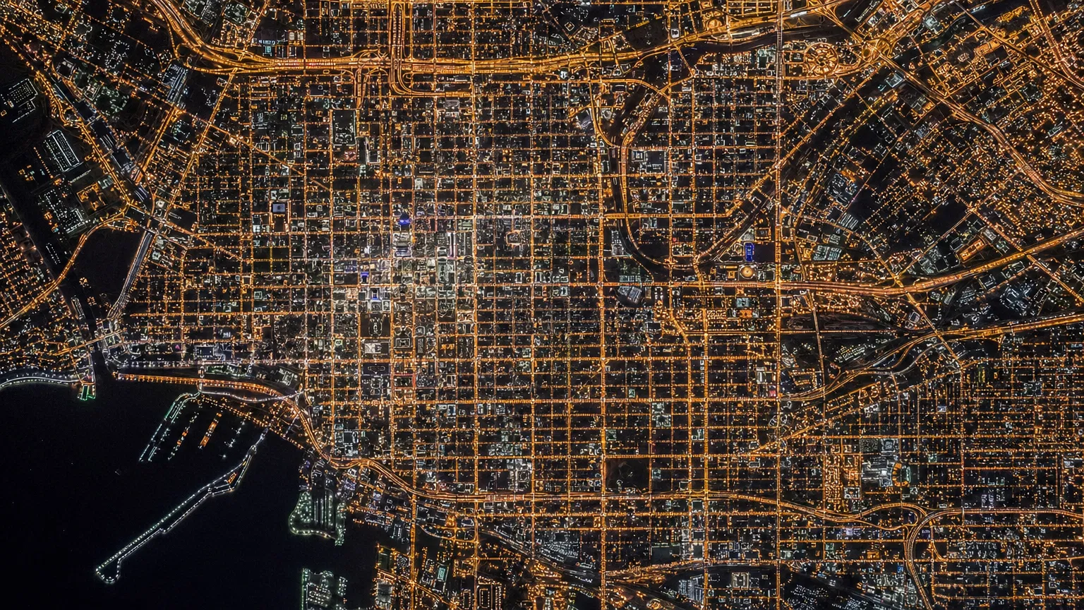 Aerial view of the city at night